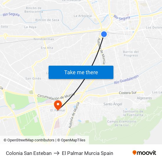 Colonia San Esteban to El Palmar Murcia Spain map