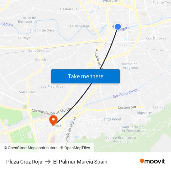 Plaza Cruz Roja to El Palmar Murcia Spain map