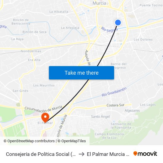 Consejería de Política Social (Frente) to El Palmar Murcia Spain map