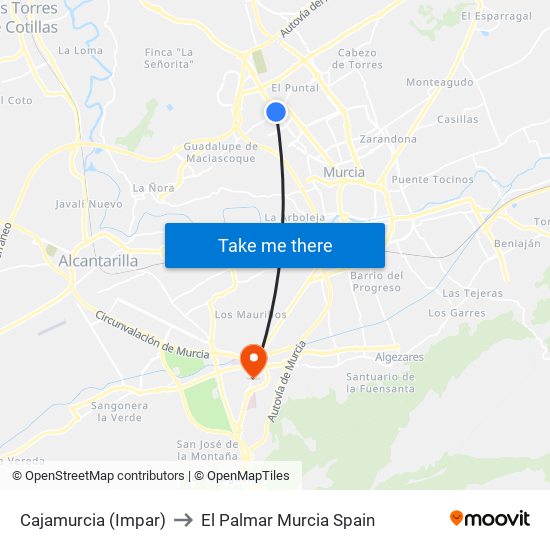 Cajamurcia (Impar) to El Palmar Murcia Spain map