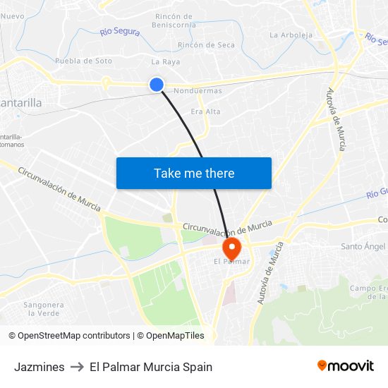 Jazmines to El Palmar Murcia Spain map