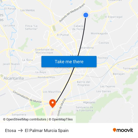 Etosa to El Palmar Murcia Spain map