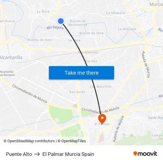 Puente Alto to El Palmar Murcia Spain map