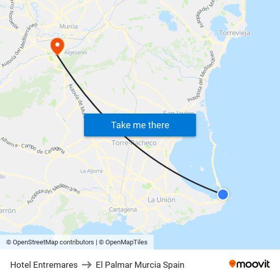 Hotel Entremares to El Palmar Murcia Spain map