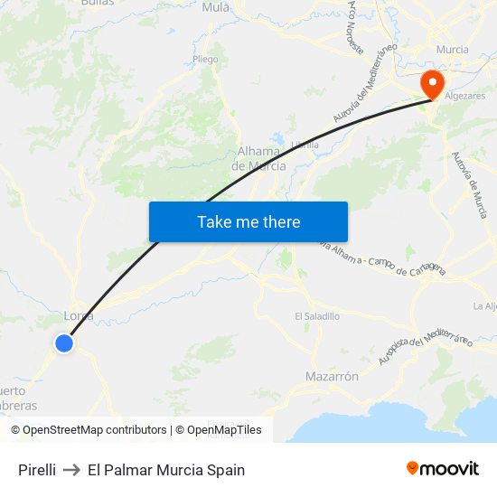 Pirelli to El Palmar Murcia Spain map