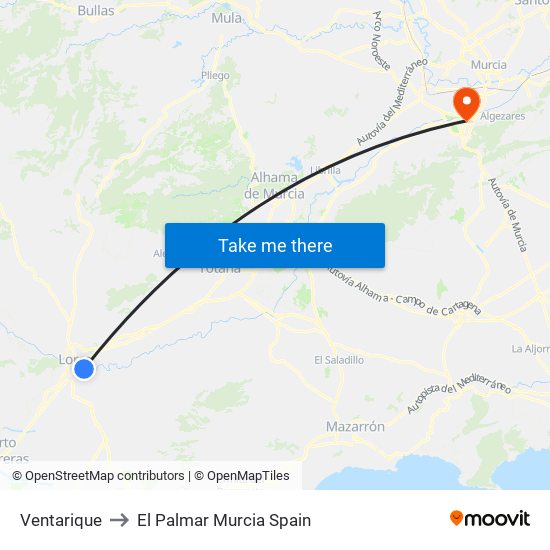 Ventarique to El Palmar Murcia Spain map