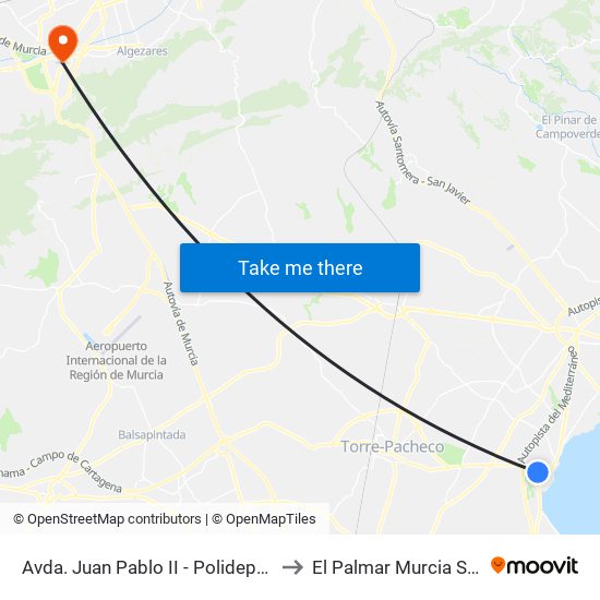 Avda. Juan Pablo II - Polideportivo to El Palmar Murcia Spain map
