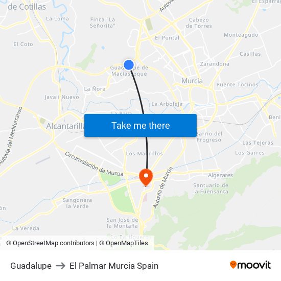 Guadalupe to El Palmar Murcia Spain map