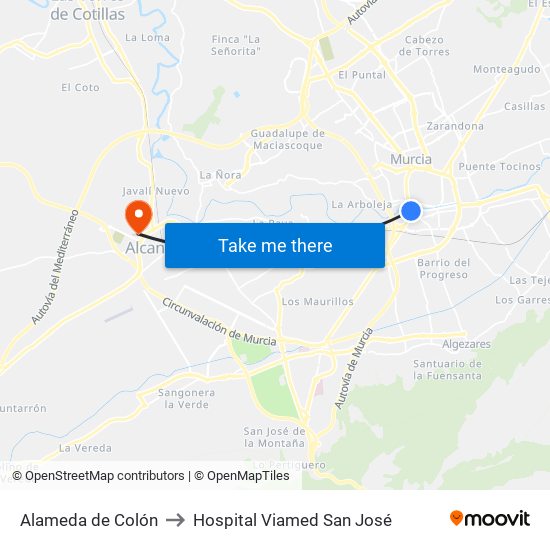 Alameda de Colón to Hospital Viamed San José map