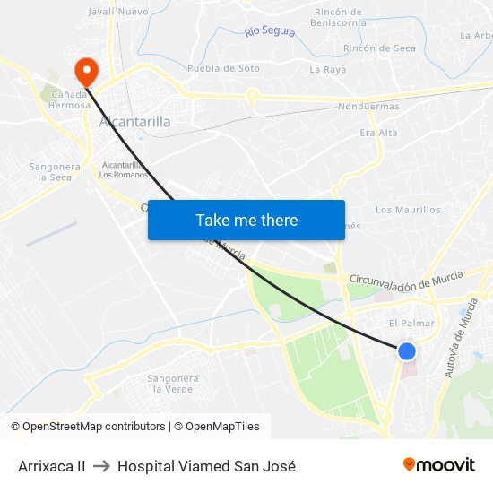 Arrixaca II to Hospital Viamed San José map