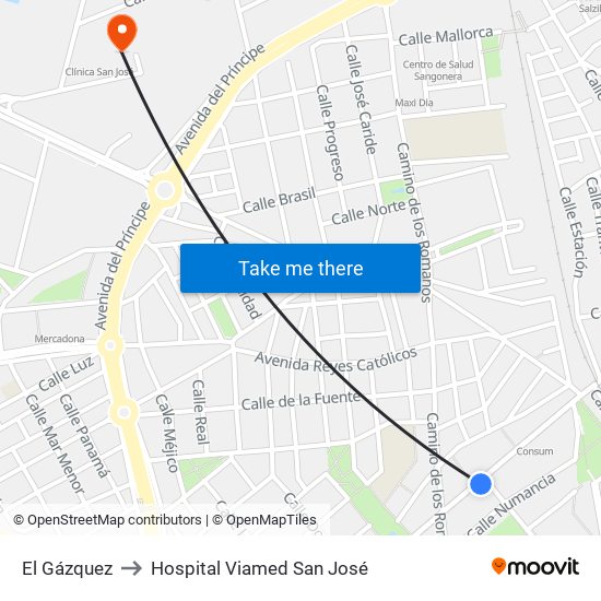 El Gázquez to Hospital Viamed San José map