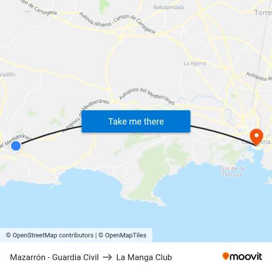 Mazarrón - Guardia Civil to La Manga Club map