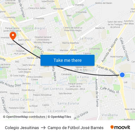 Colegio Jesuitinas to Campo de Fútbol José Barnés map