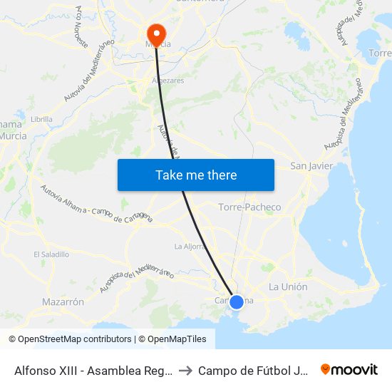 Alfonso XIII - Asamblea Regional (Frente) to Campo de Fútbol José Barnés map