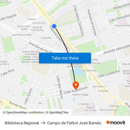 Biblioteca Regional to Campo de Fútbol José Barnés map