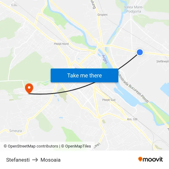 Stefanesti to Mosoaia map