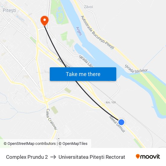Complex Prundu 2 to Universitatea Pitești Rectorat map