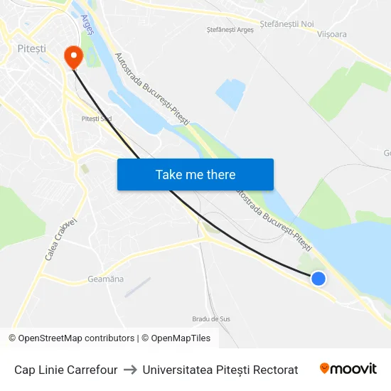 Cap Linie Carrefour to Universitatea Pitești Rectorat map