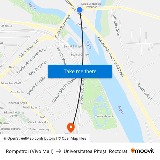 Rompetrol (Vivo Mall) to Universitatea Pitești Rectorat map