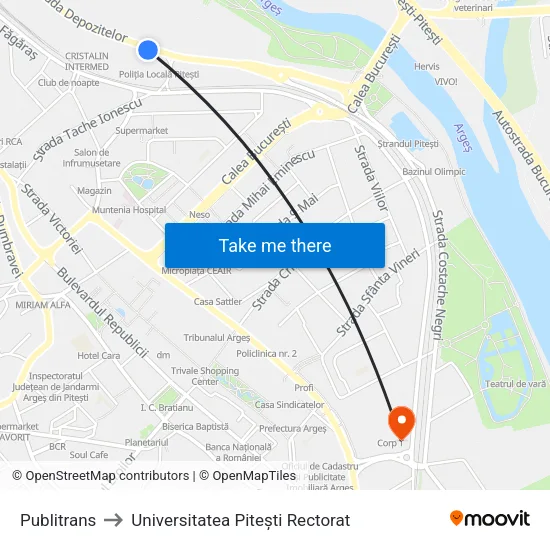 Publitrans to Universitatea Pitești Rectorat map