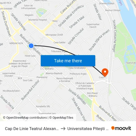 Cap De Linie Teatrul Alexandru Davila to Universitatea Pitești Rectorat map