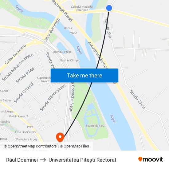 Râul Doamnei to Universitatea Pitești Rectorat map