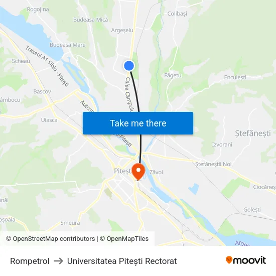 Rompetrol to Universitatea Pitești Rectorat map