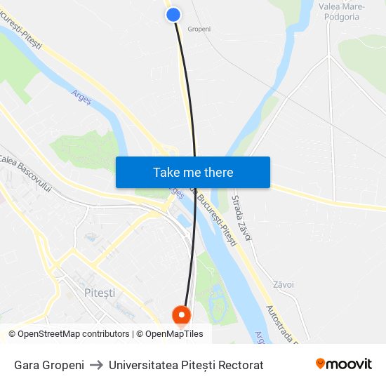 Gara Gropeni to Universitatea Pitești Rectorat map