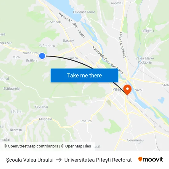 Școala Valea Ursului to Universitatea Pitești Rectorat map