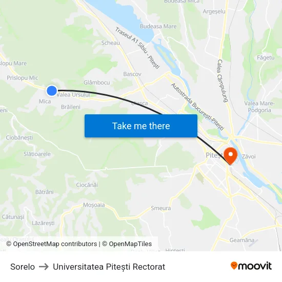 Sorelo to Universitatea Pitești Rectorat map