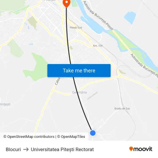 Blocuri to Universitatea Pitești Rectorat map