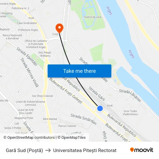 Gară Sud (Poștă) to Universitatea Pitești Rectorat map