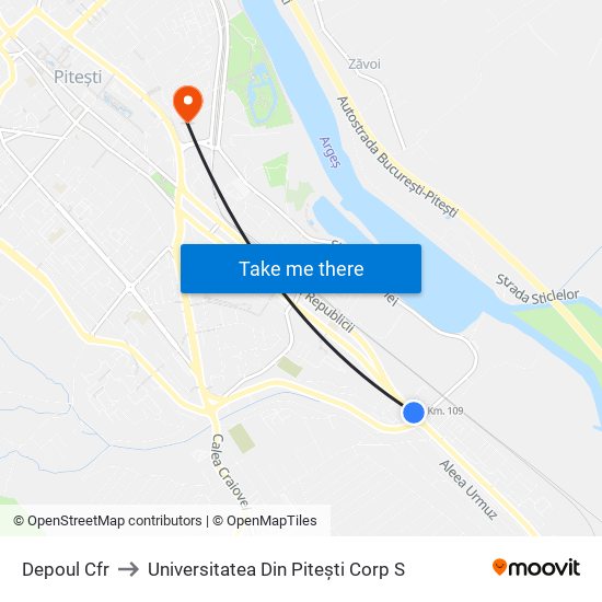 Depoul Cfr to Universitatea Din Pitești Corp S map