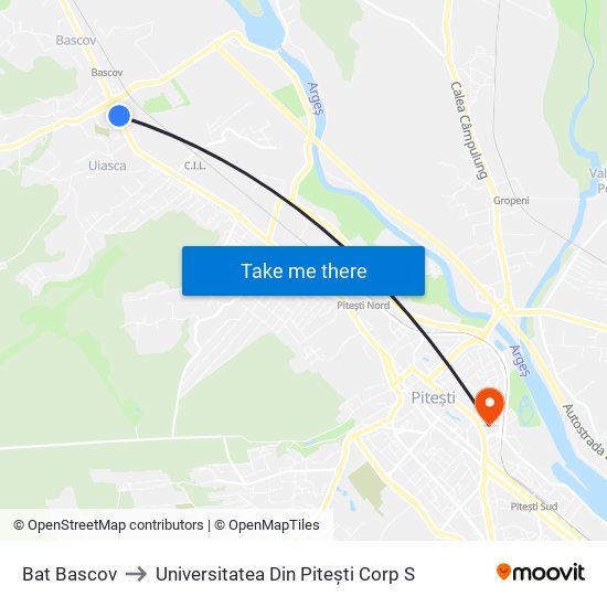 Bat Bascov to Universitatea Din Pitești Corp S map