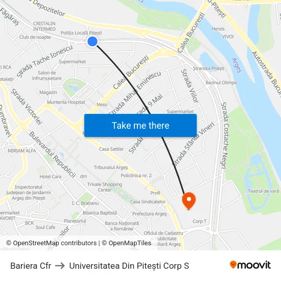 Bariera Cfr to Universitatea Din Pitești Corp S map