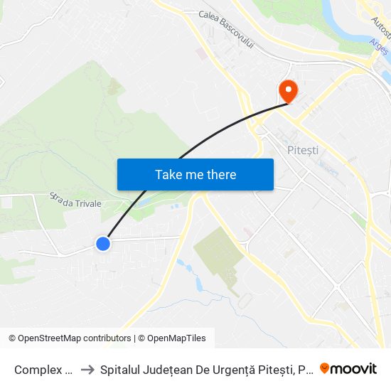 Complex Trivale 2 to Spitalul Județean De Urgență Pitești, Pavilion Secția Oncologie map