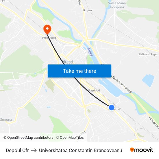 Depoul Cfr to Universitatea Constantin Brâncoveanu map