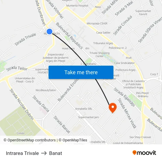 Intrarea Trivale to Banat map