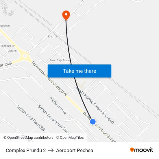 Complex Prundu 2 to Aeroport Pechea map