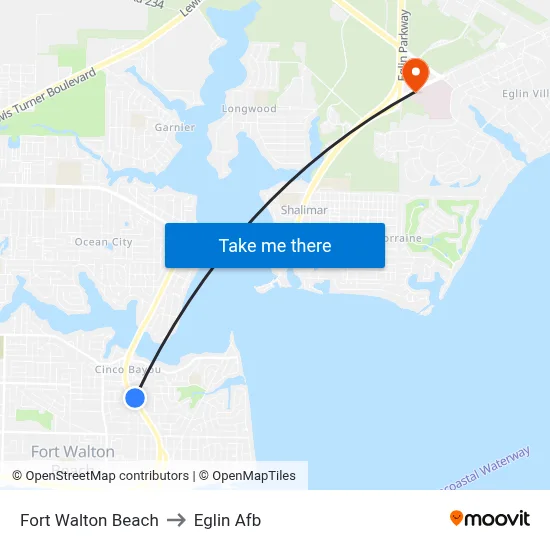 Fort Walton Beach to Eglin Afb map