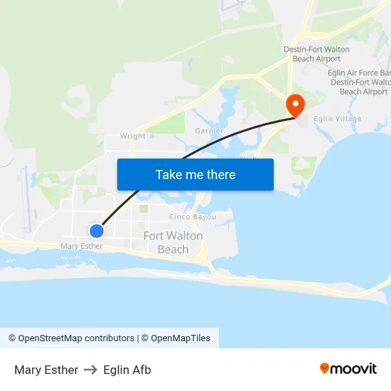 Mary Esther to Eglin Afb map