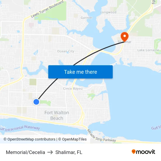Memorial/Cecelia to Shalimar, FL map