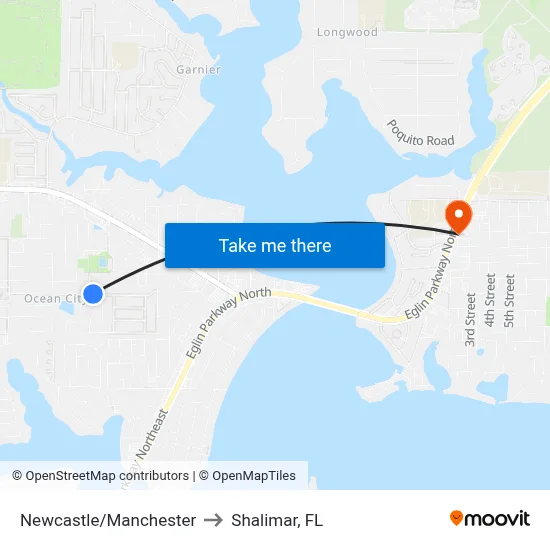 Newcastle/Manchester to Shalimar, FL map