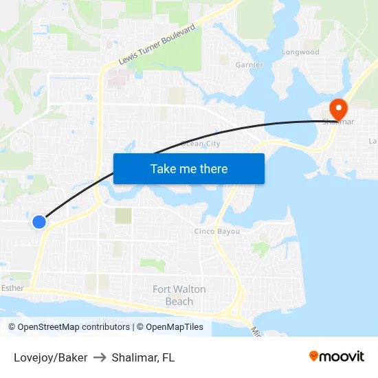 Lovejoy/Baker to Shalimar, FL map
