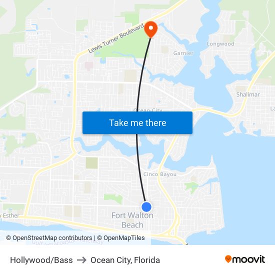 Hollywood/Bass to Ocean City, Florida map