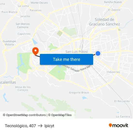 Tecnológico, 407 to Ipicyt map
