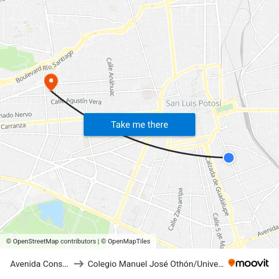 Avenida Constitución, 1330 to Colegio Manuel José Othón / Universidad Del Centro De México map