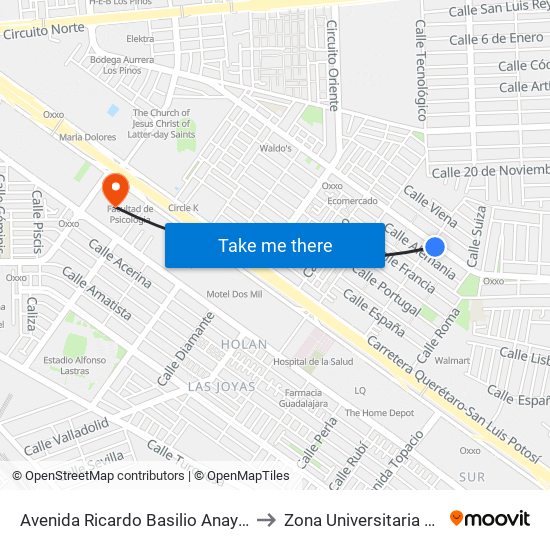 Avenida Ricardo Basilio Anaya, 1502a to Zona Universitaria Oriente map