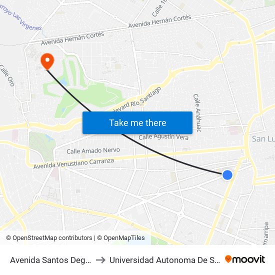 Avenida Santos Degollado 503 to Universidad Autonoma De San Luis Potosi map