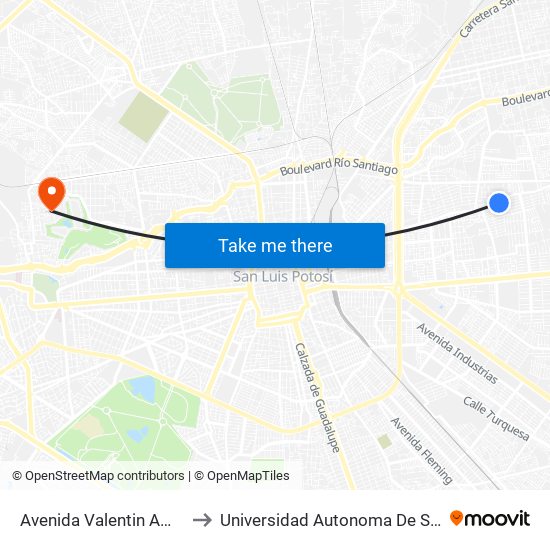 Avenida Valentin Amador, 1103 to Universidad Autonoma De San Luis Potosi map